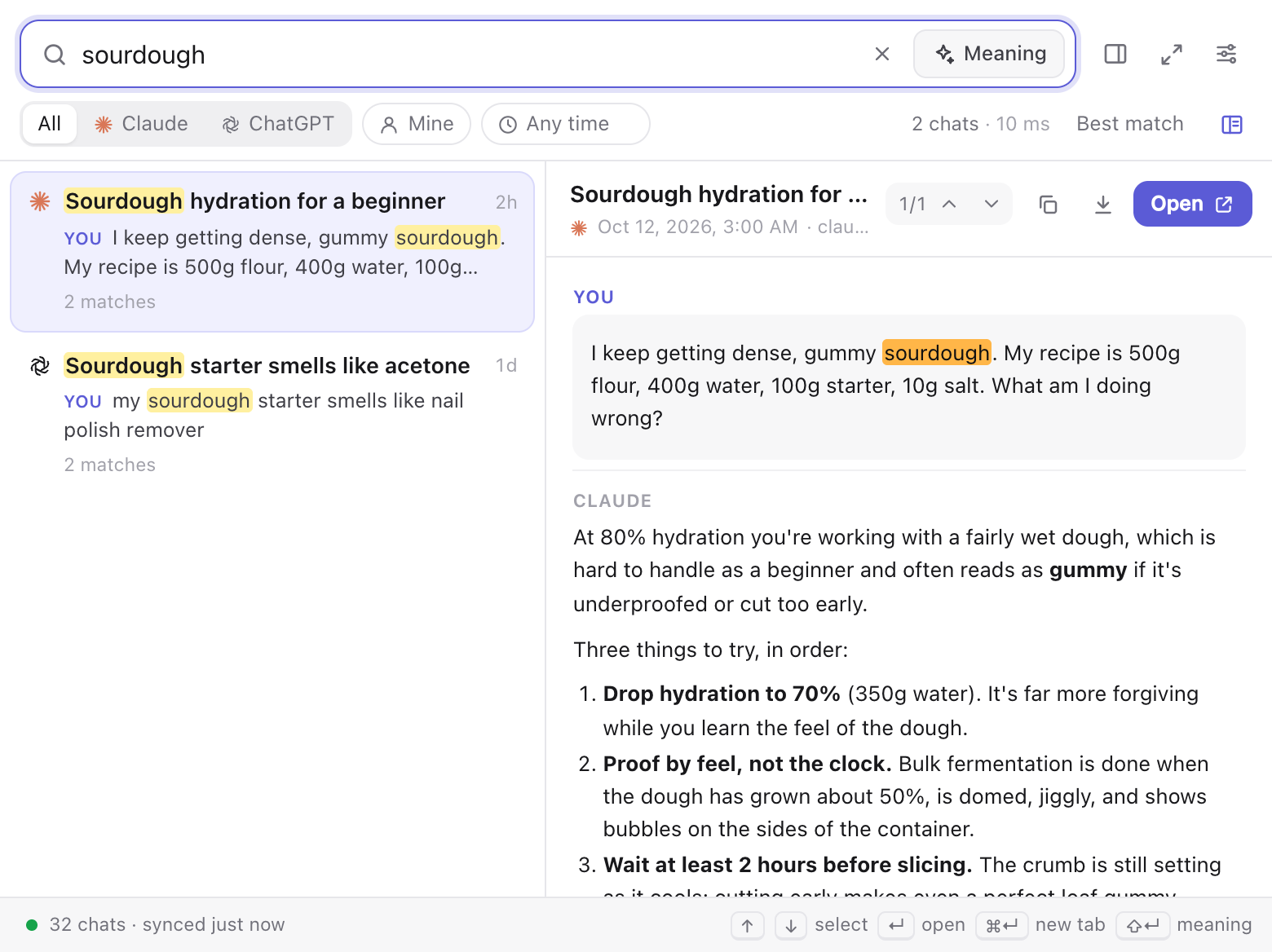 The ChatSearch popup: results for sourdough on the left with highlighted snippets, the full chat on the right